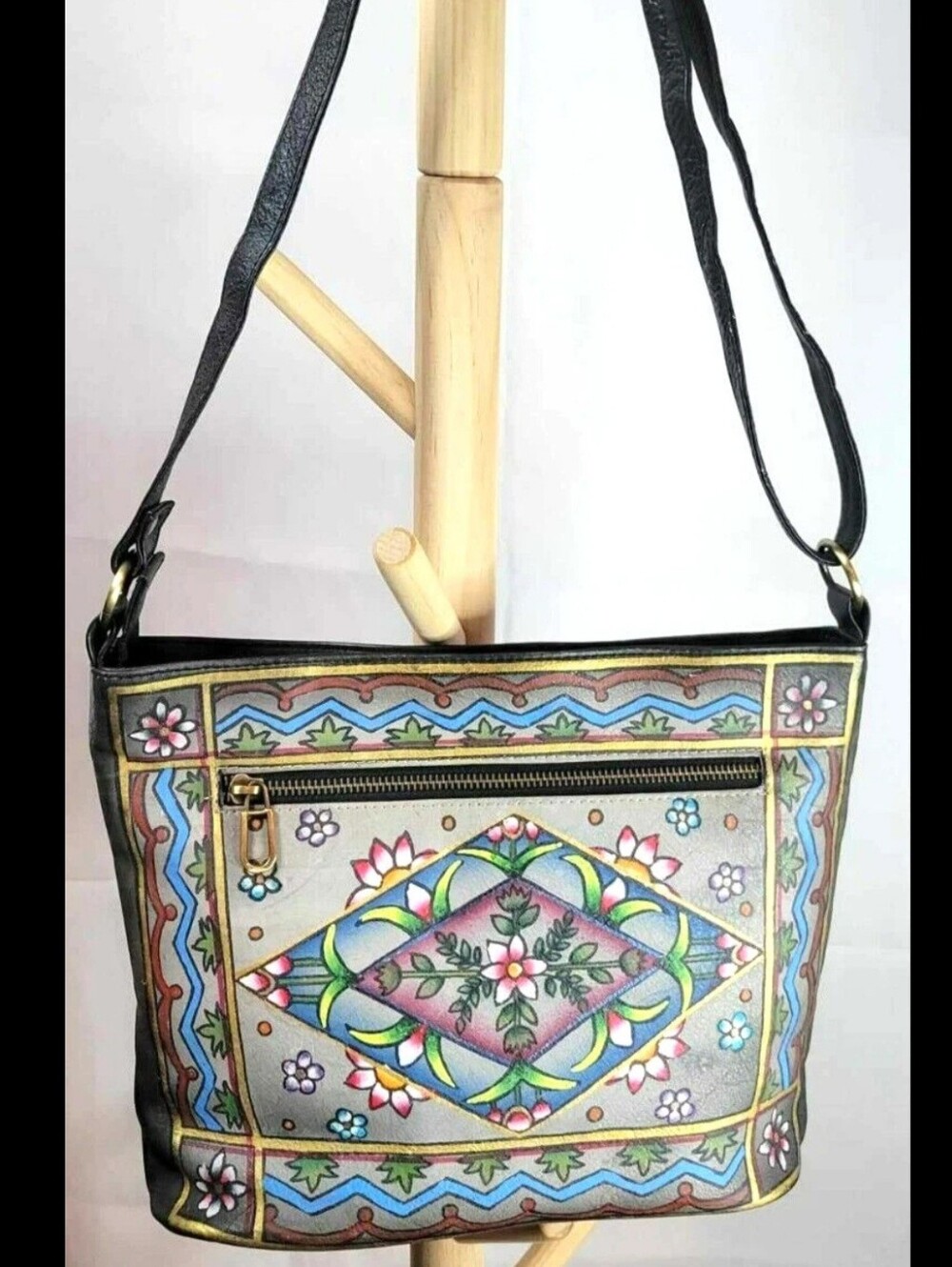 Floriana Floral Hand Painted Black Leather Boho Crossbody Purse